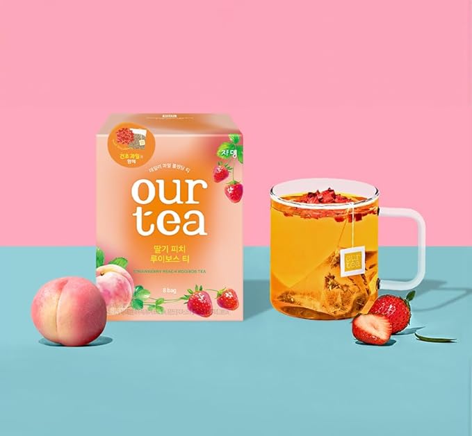 ROASTIQUE Strawberry Peach Rooibos Tea with Real Dried Fruit – Premium Orgainc Tea Sweet Fruit Blend Hot or Iced Tea Eco-friendly PLA bags 8 Tea Bags