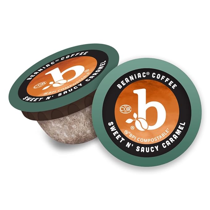 beaniac Sweet n' Saucy Caramel Flavored Light Roast Single Serve Compostable K Cup Coffee Pods Arabica Coffee with Natural Flavors Keurig Brewer Compatible 30 Count