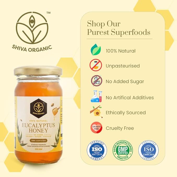Shiva Organic's Eucalyptus Nectar Honey - NMR Tested Natural Honey No Added Sugar Flavorful - 250g (8.81 Ounce)