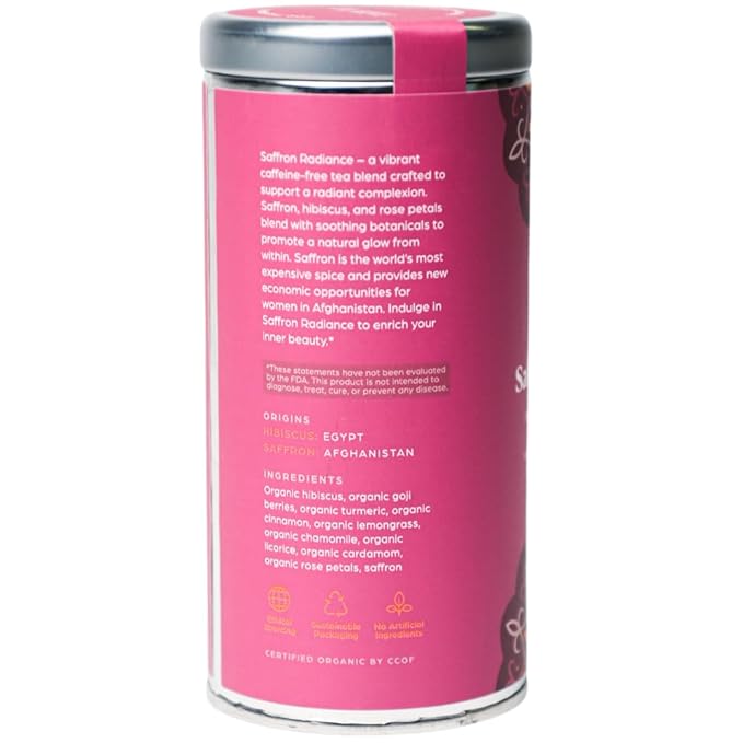Tahmina Saffron Radiance Caffeine Free Tea: Calming Hibiscus and Rose with Saffron 12 Biodegradable Pyramid Tea Bags Makes 36 Cups of Tea (1 Pack)