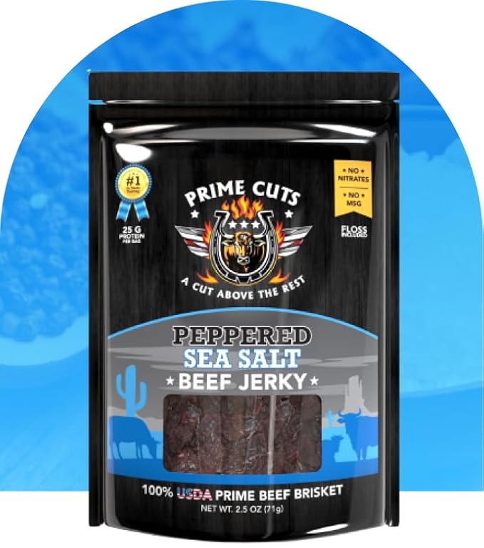 Prime Cuts Peppered Sea Salt Beef Jerky | USDA Prime Brisket | Classic Black Pepper and Sea Salt Flavor | High-Protein Low-Fat Snack | No Artificial Ingredients | Perfect Anytime