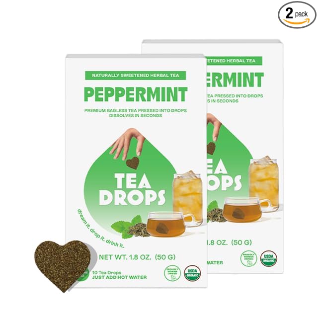 Tea Drops Lightly Sweetened Organic Tea Bulk Box | Sweet Peppermint | Caffeine Free | Iced or Hot Herbal Tea Beverages Gift Set | Includes Organic Peppermint Oil &amp Spearmint Leaves | 10 Drops per