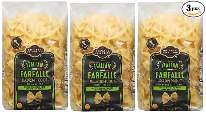 Italian Farfalle Bronze Cut Macaroni Product Crafted With Golden Amber Drum Wheat Semolina (3 Bags 16 oz. each)