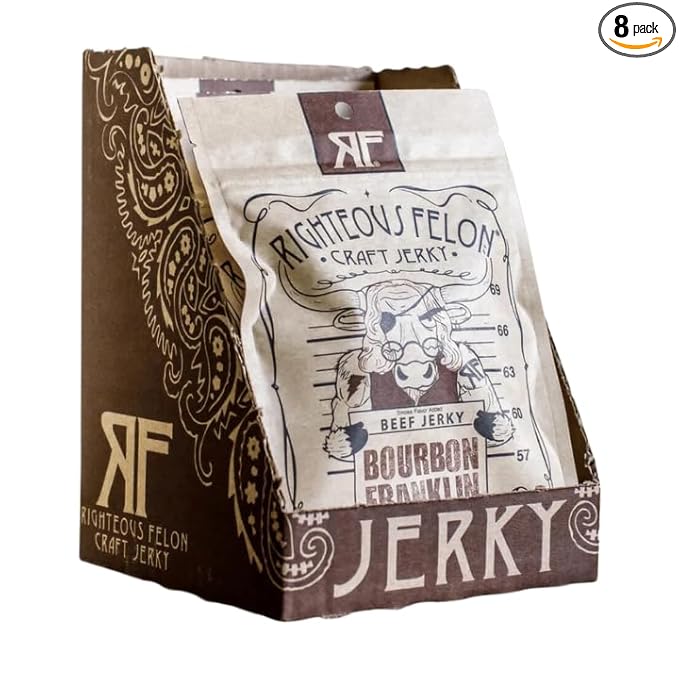 Righteous Felon Beef Jerky - Bourbon Franklin Flavor - All-Natural Bourbon Jerky - Locally Sourced &amp Dried Beef Jerky - Low-Sugar High-Protein Healthy Snacks - 2 Ounces Each Pack of 8