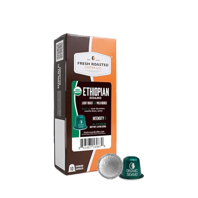 Fresh Roasted Coffee for Nespresso OriginalLine Single Origin Organic Ethiopian Sidamo Medium 10 Count Aluminum Capsules