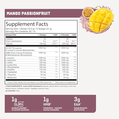 Jocko Fuel Muscle Drive Pro Series Mango Passionfruit HMB Di-Leucine EAAs Protects Lean Muscle Mass &amp Breakdown Aids Recovery Natural Appetite Suppressant No Bloat Zero Sugar 30 Servings