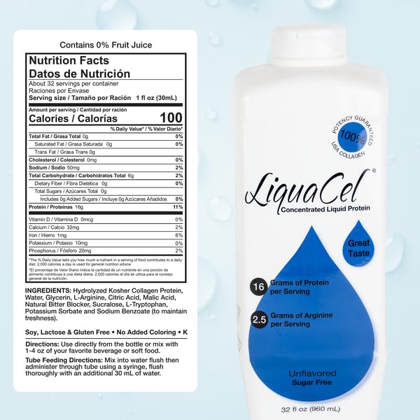 LiquaCel Concentrated Liquid Protein Unflavored Ready-to-Drink 16g Hydrolyzed Collagen Protein and 2.5g Arginine Per 1oz Serving Sugar &amp Gluten Free 32 fl oz Bottle Case of 6