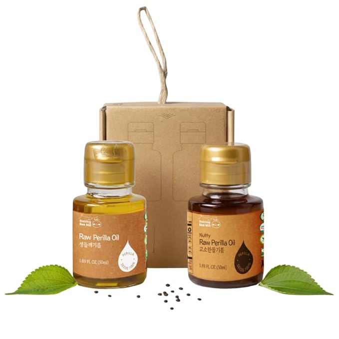 Korean Food Perilla Oil Mini Set (2 × 1.69 fl oz / 50 ml) Raw &amp Nutty Cold-Pressed Perilla Oils from 100% Korean Perilla Seeds 냉온압착 들기름
