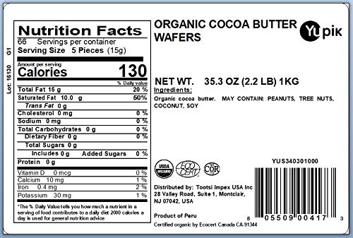 Yupik Organic Cocoa Butter Wafers 2.2 lb (35.2 oz) Vegan Gluten-Free GMO-Free Dairy-Free Kosher Pure Cocoa Butter No Additives Melts Smoothly Ideal for Baking Snacking Molding &amp Toppin