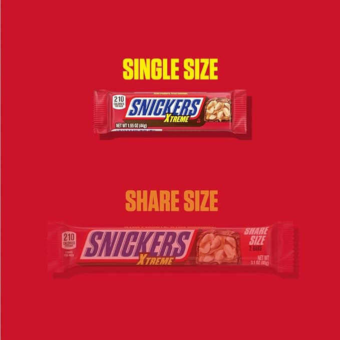 SNICKERS Xtreme Peanut and Caramel Chocolate Extra Peanuts Extra Caramel Candy Bar 1.55 Oz Single Bar 24 Count