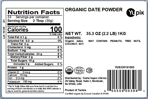 Yupik Organic Ground Date Powder (Meal) 2.2 lb Non-GMO Vegan Gluten-Free (Pack of 2)