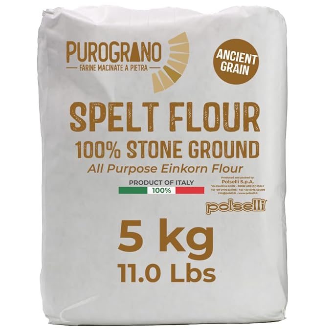 Polselli Purograno100% Stone Ground Spelt (Farro) Flour 5kg 11 lb – Ancient Whole Grain High Protein All-Purpose for Bread Pizza Pasta &amp Pastries – Imported from Italy. Unbleached unbroma