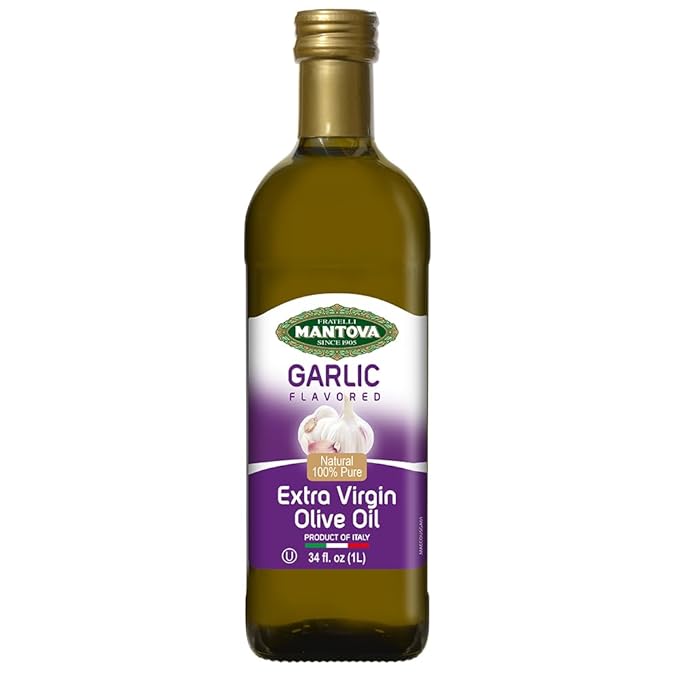 Mantova Garlic Extra Virgin Olive Oil (EVOO) - Cold-Pressed Premium Quality Imported from Italy - Perfect for Topping Salads Vegetables Pasta Salad Dipping Italian Bread or Pan-Frying (Pack of 1