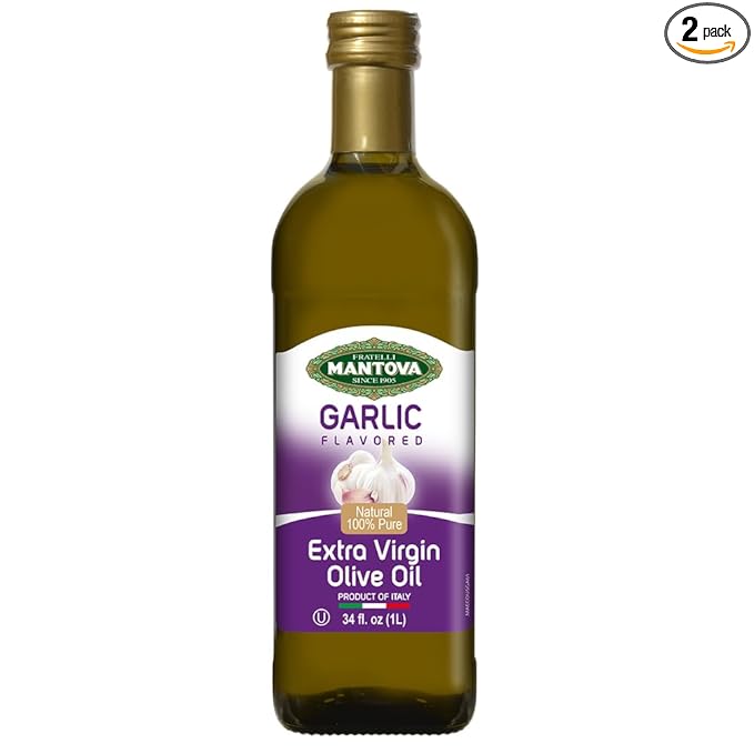 Mantova Garlic Extra Virgin Olive Oil (EVOO) Cold-Pressed and Imported from Italy 34 oz Glass Bottle - Flavorful Topping for Salads Vegetables and Pasta Dishes - Ideal for Dipping Italian Bread or