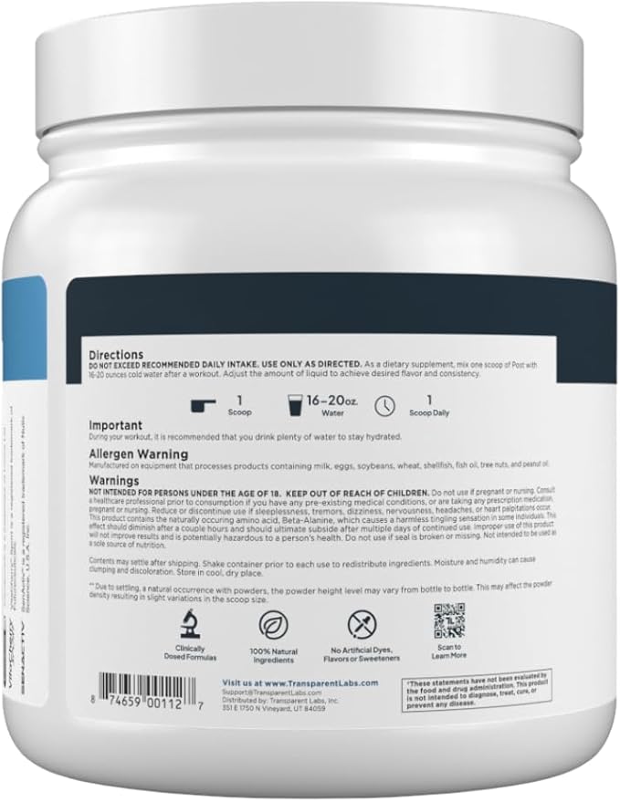 Transparent Labs Post - Post-Workout Recovery Muscle Builder with L-Glutamine Beta-Alanine and BetaPure Betaine Anhydrous for Muscle Recovery and Muscle Building - 30 Servings Black Cherry