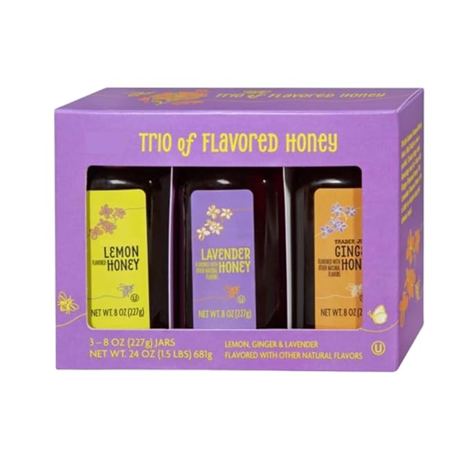 Trader Js Trio of Flavored Honey Lemon Ginger &amp Lavender Flavored 3-8 oz (227g) Jars NET WT. 24 oz (1.5 LBS) 681g