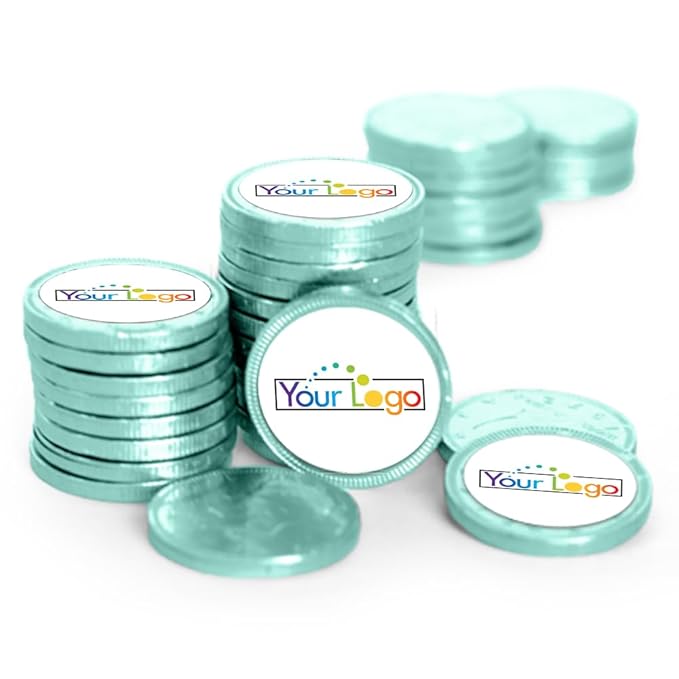 80ct Logo Candy Chocolate Coins with Company Logo Business Promotional Items (80 Pack) Personalized Tradeshow &amp Marketing Giveaways - Robins Egg Blue