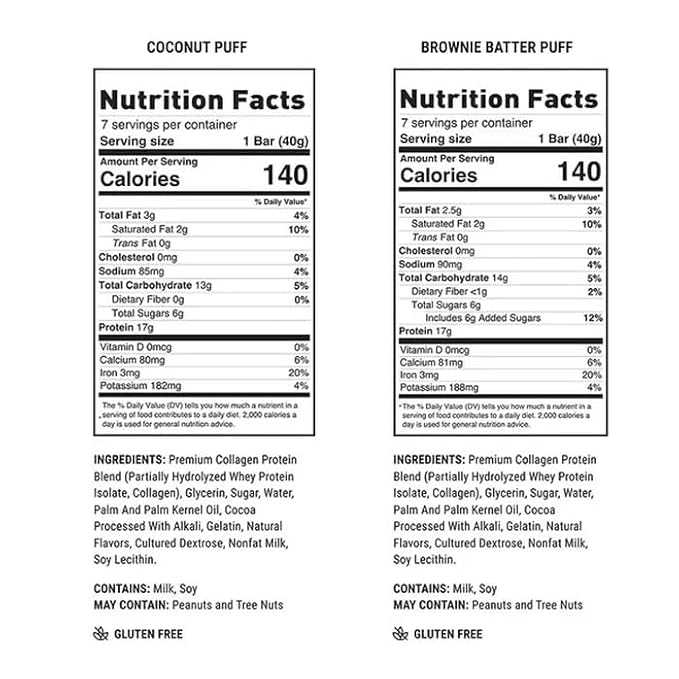 14 Pack Protein Bars 7 Coconut Flavor PUFF and 7 Brownie Batter 17g Protein Gluten Free 19.75 oz