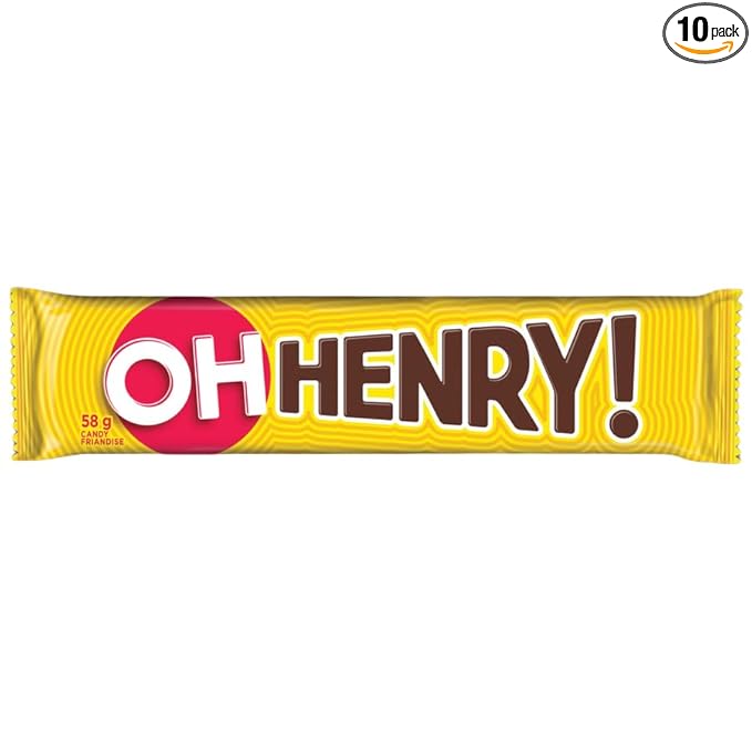 Oh Henry! 10-Pack of Full Size Chocolatey Candy Bars 58g/2.05 oz each Crunchy Peanuts Chewy Fudge Creamy Caramel Covered in a Chocolatey Coating Imported from Canada