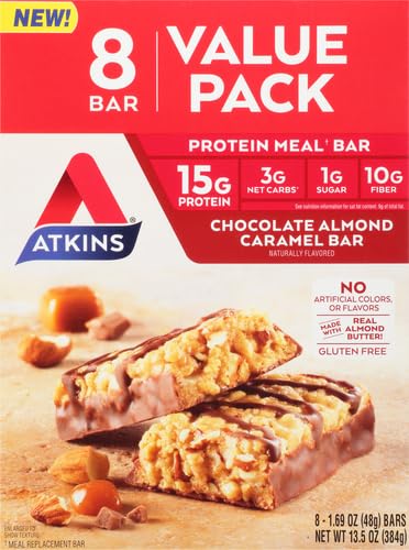 Atkins Chocolate Almond Caramel Protein Meal Bar High Fiber 15g Protein 1g Sugar 3g Net Carbs Meal Replacement Keto Friendly 8 Count
