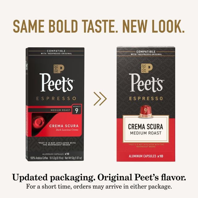 Peet's Coffee Medium Roast Espresso Capsules Compatible with Nespresso Original Machine 100% Arabica Coffee - Crema Scura Intensity 9 100 Count (10 Boxes of 10 Espresso Capsules)