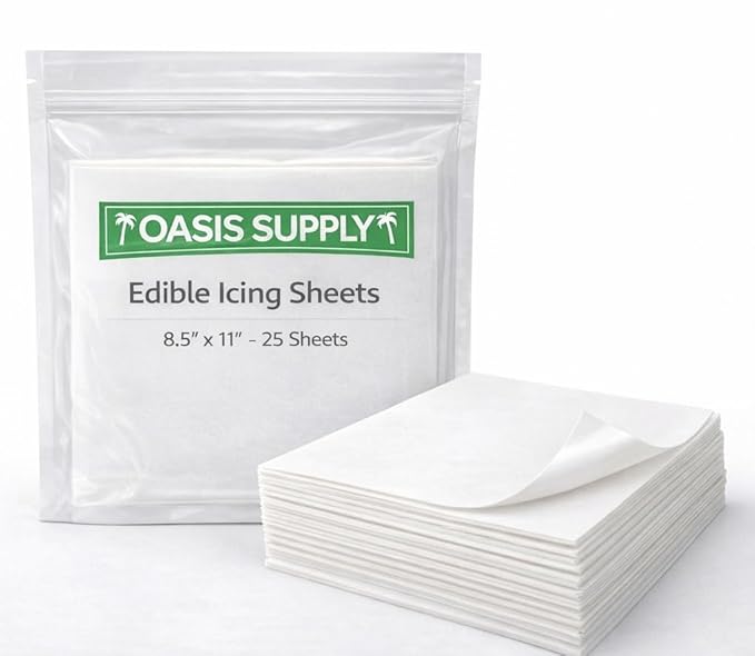 Oasis Supply Ultra Flexible Edible Icing Sheets – 25 Premium Frosting Sheets 8.5 x 11 Printable Edible Paper for Edible Ink Printers Cake Toppers Edible Images &amp Photo Cakes – Bright White Print