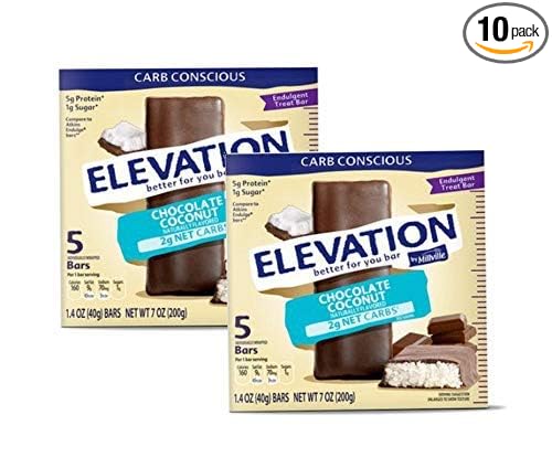 Millville Elevation Protein Bars Snack Endulgent Treat 1.4oz Bars 5g Protein (Chocolate Coconut 2 Pack (10 Bars))