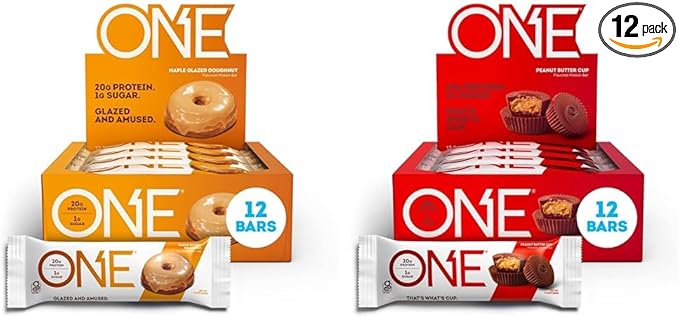 ONE Protein Bars Maple Glazed Doughnut Gluten-Free Protein Bar with 20g Protein and only 1g Sugar &amp Protein Bars Peanut Butter Cup Gluten Free Protein Bar with 20g Protein