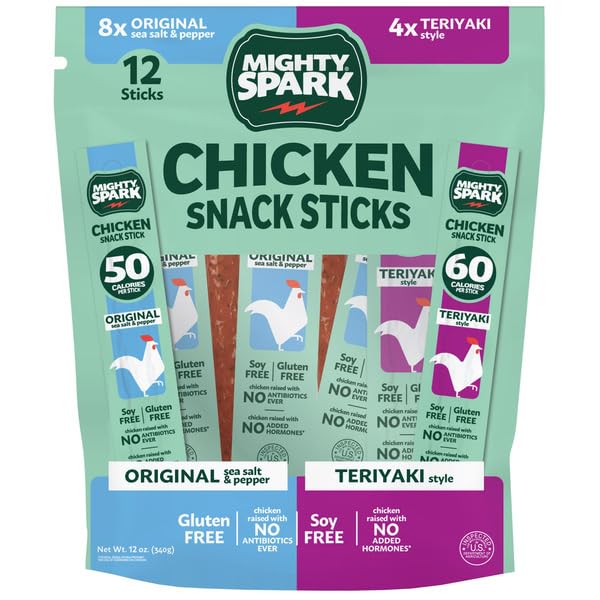 Mighty Sparks Chicken Snack Sticks Variety Pack Original &amp Teriyaki – 12 oz Bag (12 Sticks) – All Natural Low Calorie High Protein Meat Snacks – Gluten Free &amp Keto Friendly