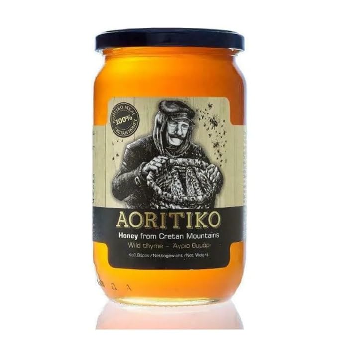 Aoritiko Pure Cretan Mountain Honey | Greek Honey | 100% Natural Wildflower &amp Herb-Infused Rich Aromatic Flavor Harvested from Pristine Greek Flora | 450 gram glass jar