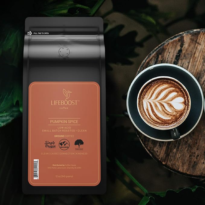 Lifeboost Pumpkin Spice Coffee Ground – Organic Low Acid Non-GMO Single Origin Medium Roast – Mycotoxin-Free Cozy Flavored Fall Coffee 12 oz