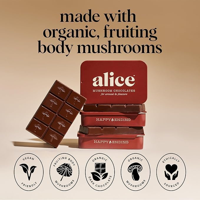 Alice Mushrooms Happy Ending 2-Pack | Sensual Mushroom Chocolates | Improves Mood Performance Vitality Energy and Engagement | Cordyceps Ashwaganda Cayenne Cinnamon
