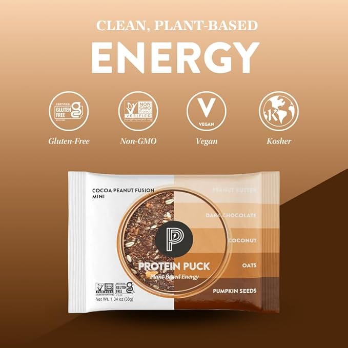 Protein Puck Vegan Plant based Protein Bar – Natural Healthy Snack Bars 12 Count 1.34oz Mini Gluten Free Dairy Free No GMO Kosher – Cocoa Peanut Fusion - Chocolate Peanut Butter Sport Nutritio