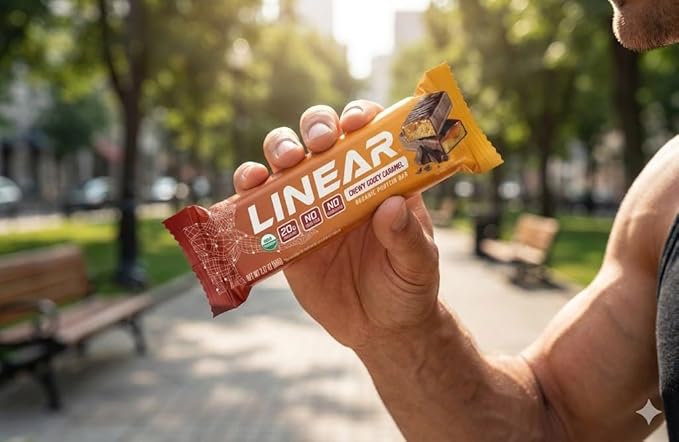 Linear Protein Bar Chewy Gooey Caramel 20g Organic Whey Protein 10g Fiber No Seed Oils No Sucralose USDA Certified Organic Ingredients Gluten Free Non-GMO Clean High Protein Snack Bar 12 Pac