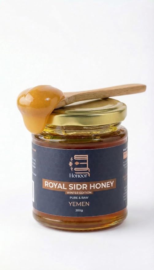 Honoor Royal Yemeni Sidr Winter Harvest with Royal Jelly Highest Grade Extremely Rare | Natural Unfiltered Unheated Pure 200 Grams | Unpasteurised Raw Luxury Honey in a Glass Jar
