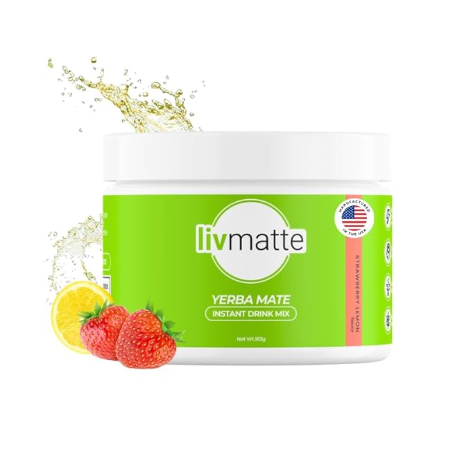 LivMatte Yerba Mate Instant Tea Powder-Natural Caffeine Flavored Drink Mix Sugar-Free Clean Energy Mental Focus + Wellness Support I 30 Servings (Strawberry Lemon)