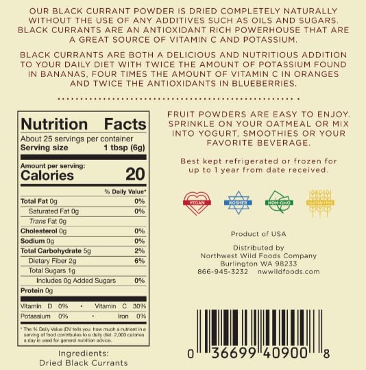 Black Currant Powder - Northwest Wild Foods - Sweet Antioxidant Healthy Pure Dried Fruit Natural Hand Harvested - in Smoothies Oatmeal Dessert (1 Pound)