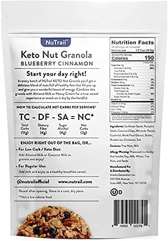 NuTrail Keto Nut Granola Blueberry Cinnamon 2 Pack (22 oz Each 44 oz Total) - Low Carb Grain-Free No Added Sugars No-GMO - Healthy Breakfast Cereal | Gourmet Kitchn/ZiQ clip 1pc