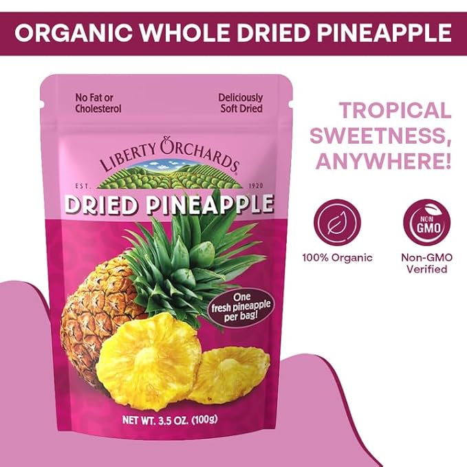 Liberty Orchard Organic Whole Dried Pineapple - Deliciously Sweet Dried Fruit Snack Packed with Fiber &amp Vitamins Vitamins - Healthy Snack Ideal for Smoothies Salads &amp Baking - 5 Pack