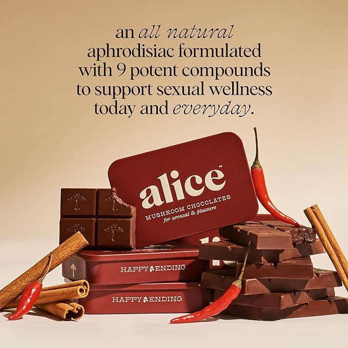 Alice Mushrooms Happy Ending 2-Pack | Sensual Mushroom Chocolates | Improves Mood Performance Vitality Energy and Engagement | Cordyceps Ashwaganda Cayenne Cinnamon