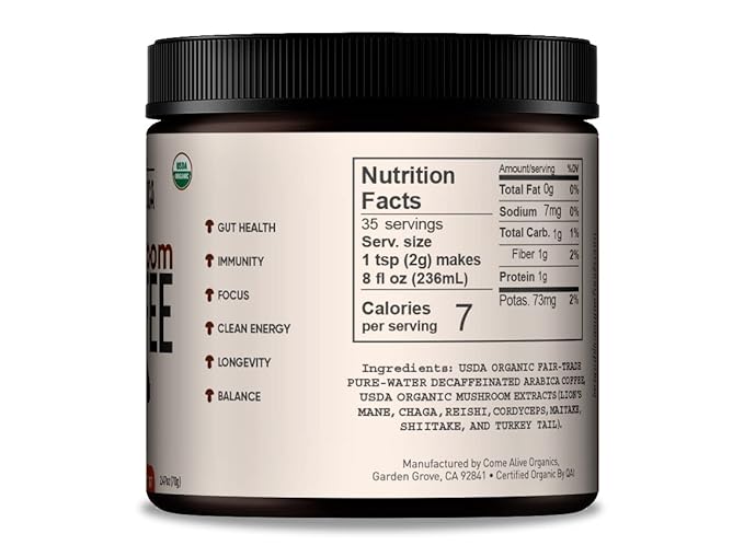 La Republica DECAF Organic Mushroom Coffee (35 Servings) with 7 Superfood Shrooms Great Tasting Instant Mix Includes Lion's Mane Reishi Chaga Cordyceps Shiitake Maitake and Turkey Tail (Decaffe