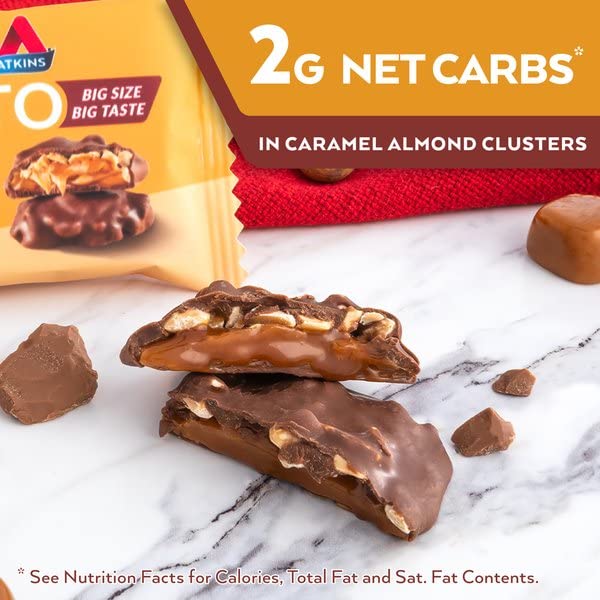 Atkins Caramel Almond Clusters Gluten Free High in Fiber 1g Sugar 2g Net Carb Keto Friendly 20 Count &amp Endulge Peanut Butter Cups Dessert Favorite Low Carb 0g Sugar 20 Count