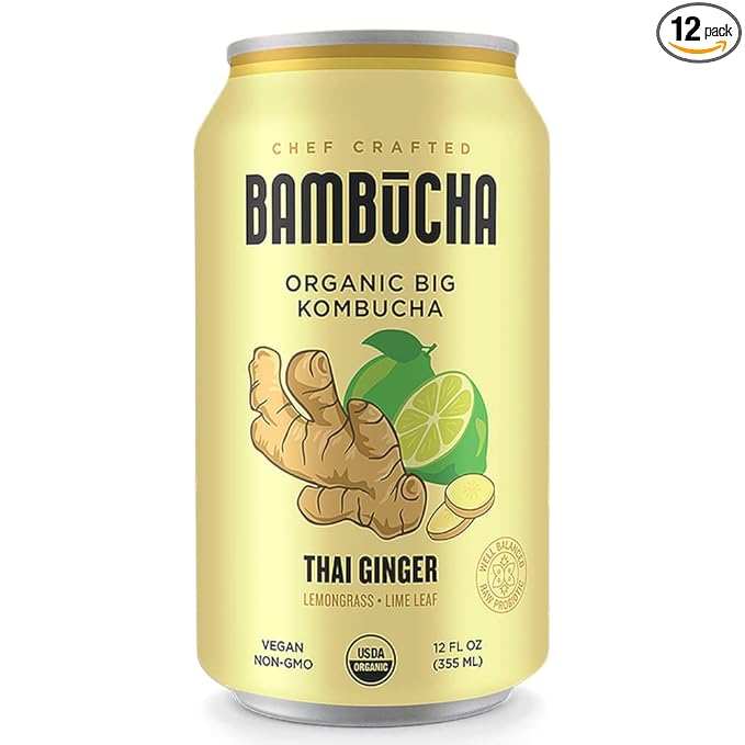 Bambucha Kombucha Thai Ginger 12 Pack Case | Chef Crafted Flavor 100% Raw Kombucha Tea Drink | Organic Vegan Gluten Free Non GMO Probiotic (12 Fl Oz Cans)