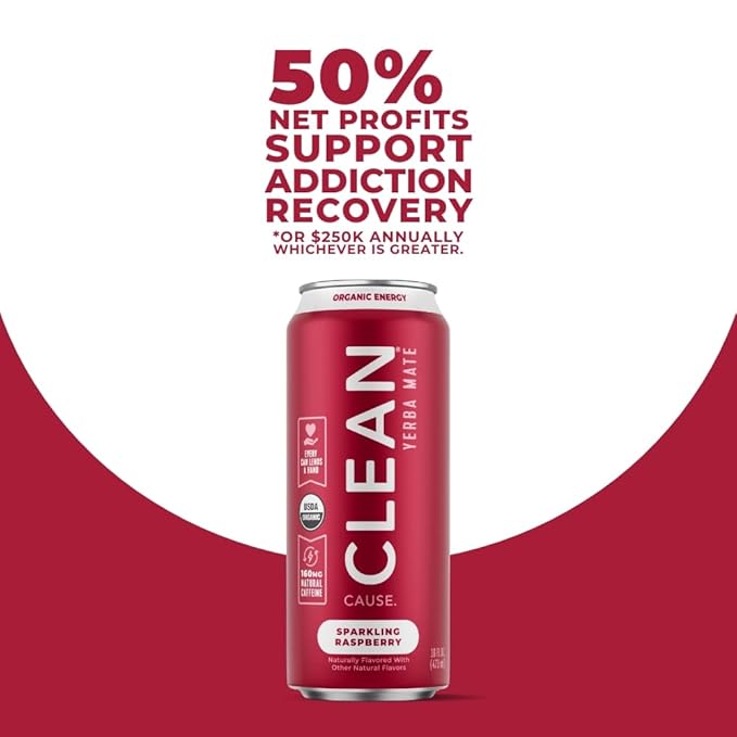 CLEAN Cause Low Calorie Raspberry Yerba Mate Tea Sparkling USDA Organic Energy Drink Alternative Low Sugar 160mg Natural Caffeine Soda Alternative Plant-Based (16oz cans 12-Pack Case)