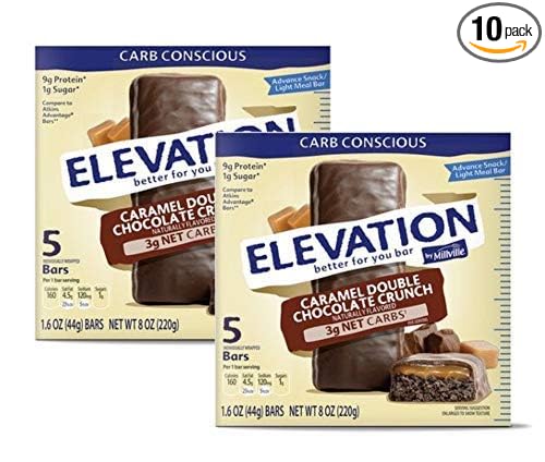 Millville Elevation Protein Bars Snack Endulgent Treat 1.4oz Bars 5g Protein (Caramel Double Chocolate Crunch 2 Pack (10 Bars))