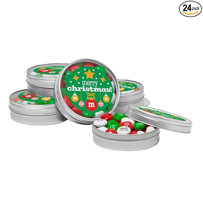 M&ampM’S Holiday Favor Tins Set of 24 Unique Holiday Favors filled with Pre-Designed M&ampM’S Holiday Candies for Holiday Parties and Stocking Stuffers