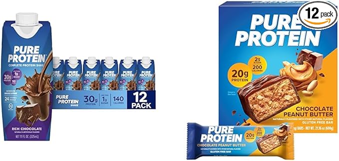 Pure Protein Chocolate Protein Shake &amp Bars High Protein Nutritious Snacks to Support Energy Low Sugar Gluten Free Chocolate Peanut Butter 1.76oz 12 Count (Packaging May Vary)