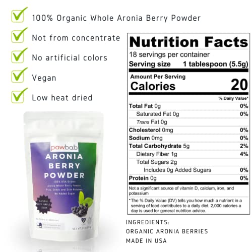 powbab Aronia Berry Powder from 100% USA Grown Organic Aronia Chokeberry. No Added Sugar. Not Freeze Dried. Made in the USA Black Chokeberry for Immune System Circulation (3.5 oz (Pack of 5))