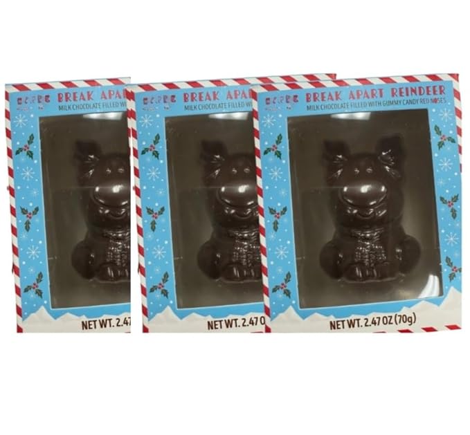 Break Apart Reindeer Christmas Stocking Staffers Chocolate (dark chocolate Reindeer filled with red nose gummy candies 2.47oz (3 Pack Reindeer)