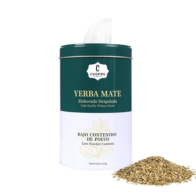 Yerba Mate CUOPRU Traditional Argentinian Mate Tea Low Tea Powder Original Leaves without Stems Included Portable Storage Container(Green Traditional)